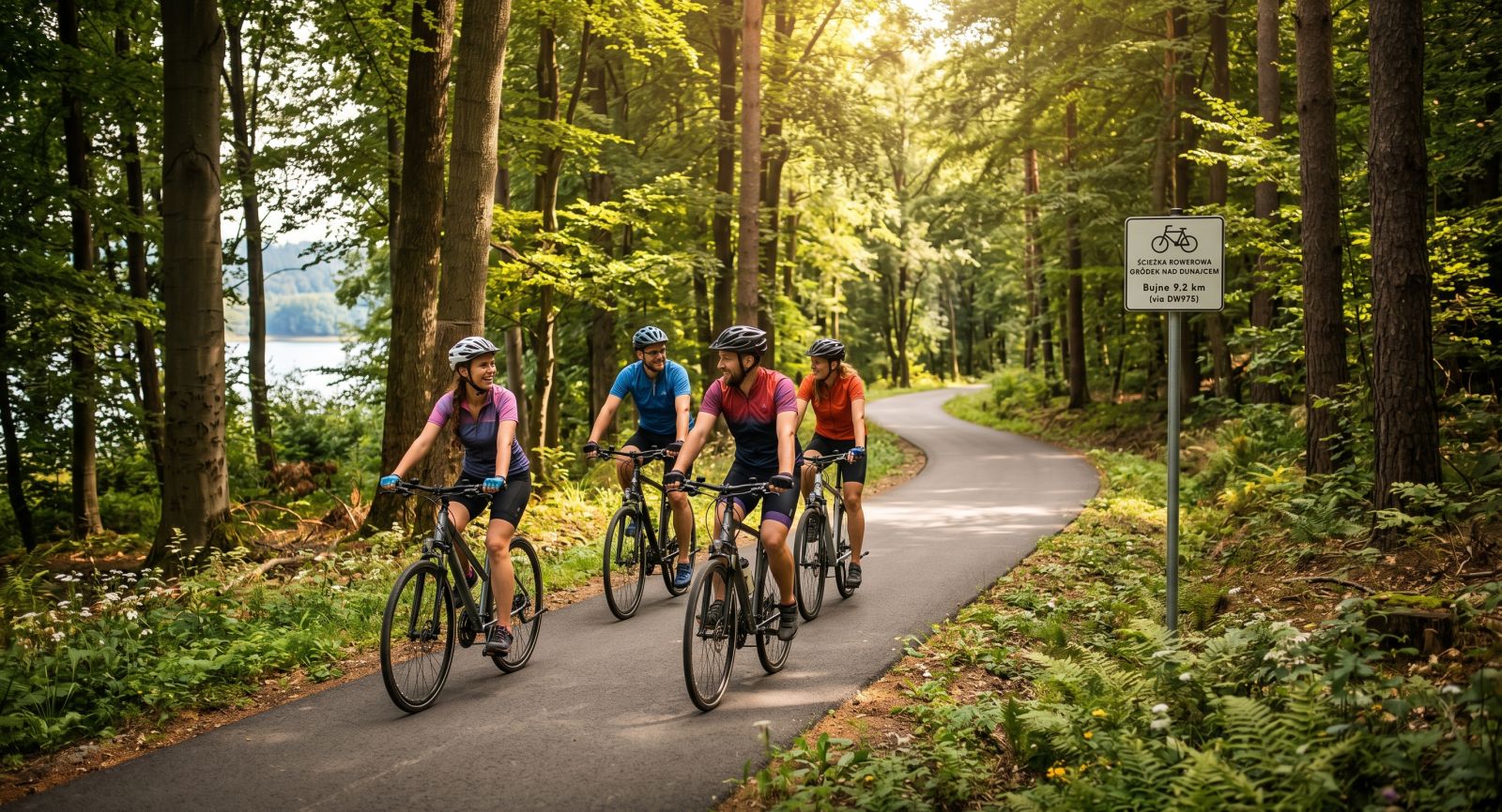 Wizualizacja: grupa znajomych jedzie leśną ścieżką rowerową w promieniach słońca