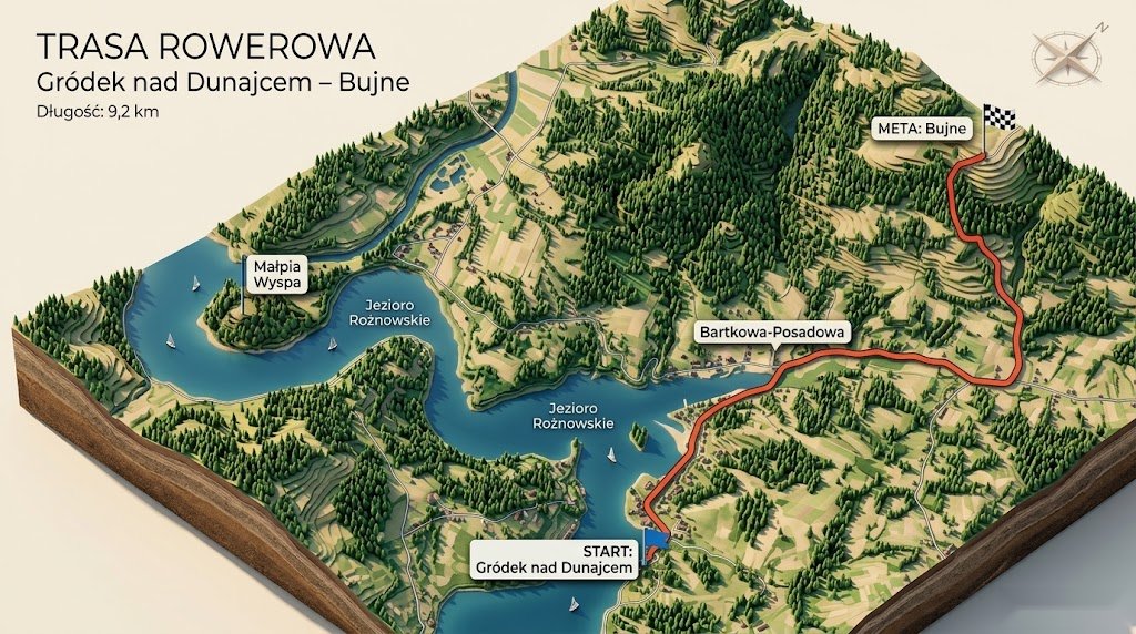 Poglądowa mapa trasy rowerowej między Bujnem, Bartkową-Posadową i Gródkiem nad Dunajcem nad Jeziorem Rożnowskim