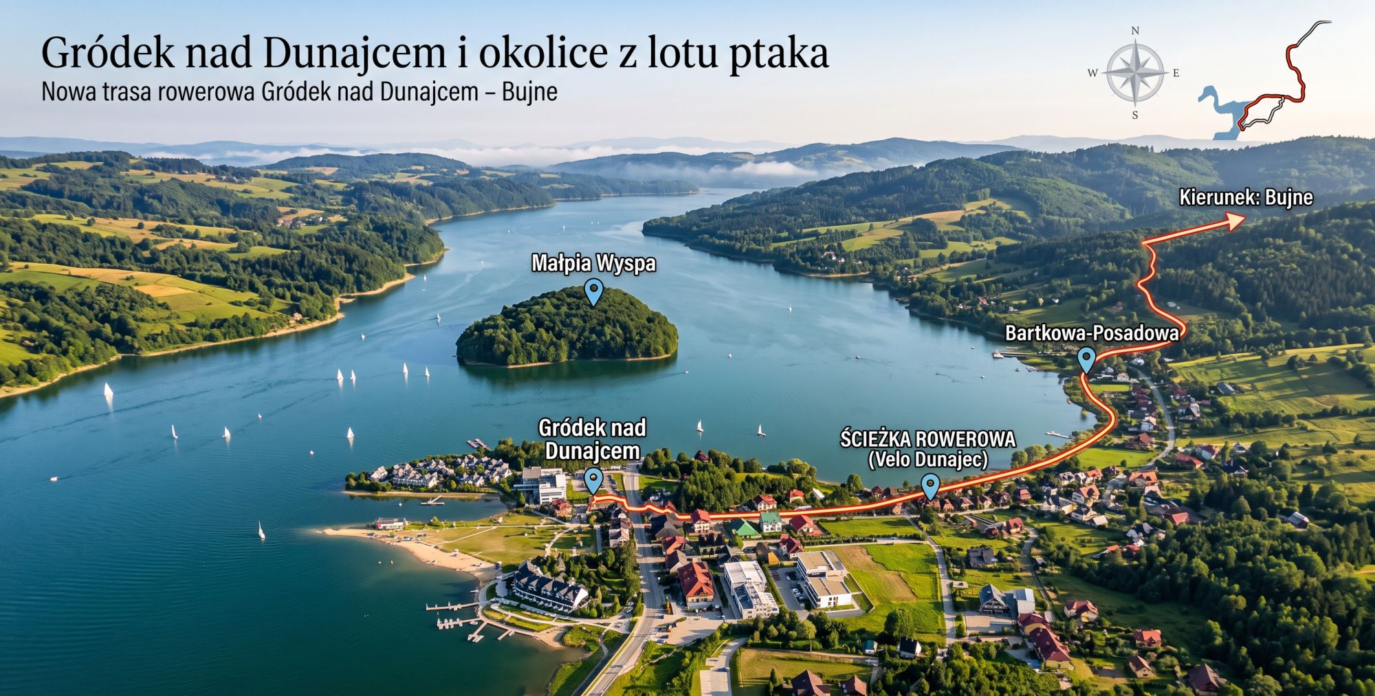 Wizualizacja z lotu ptaka: czerwona linia proponowanej trasy rowerowej biegnie brzegiem Jeziora Rożnowskiego od Gródka nad Dunajcem przez Bartkową-Posadową w kierunku Bujnego, w tle Małpia Wyspa.